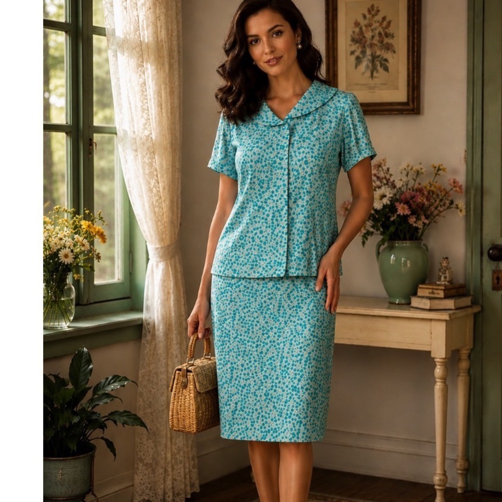 Norton McNaughton Vtg Teal Floral 2 Piece Skirt Set Skirt Sz PM